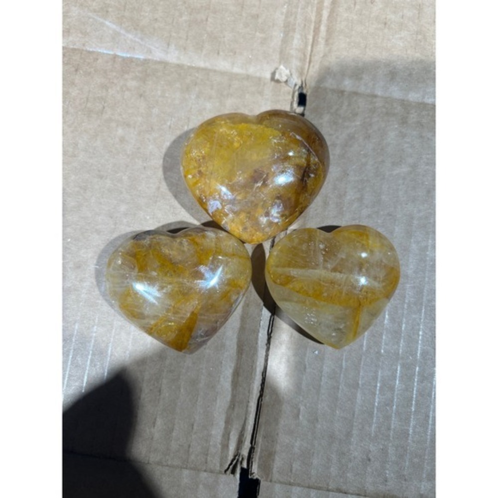 Set of 3 Golden Healer Quartz Crystal Hearts Polished Yellow Stone
